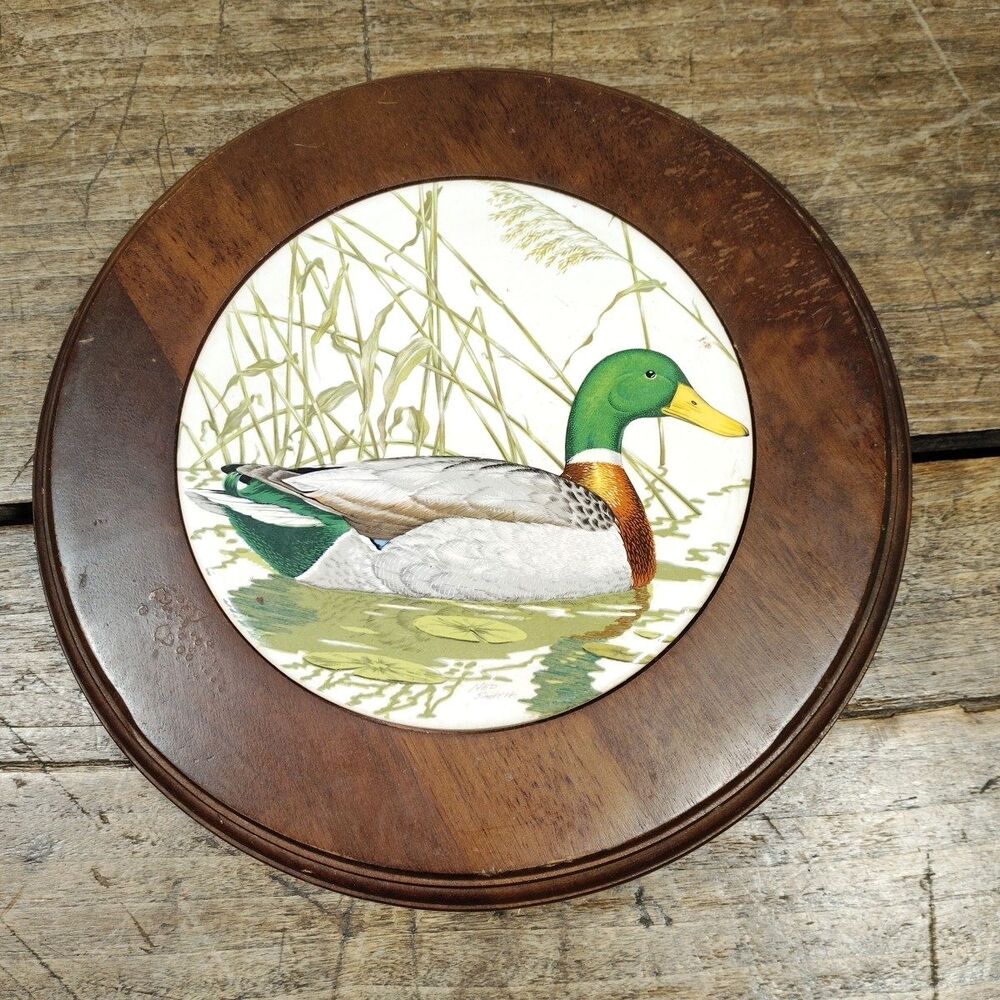 VIntage 9" Rubel & Co Trivet Wood Ceramic Mallard Duck Lake Farmhouse Decor